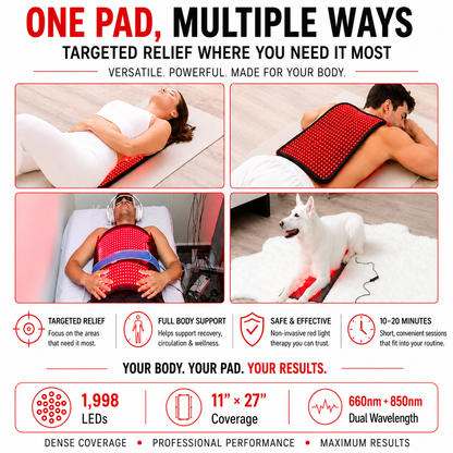 Large Red Light Therapy Pad – 27" x 11" with 1,998 LEDs for Pain Relief & Recovery