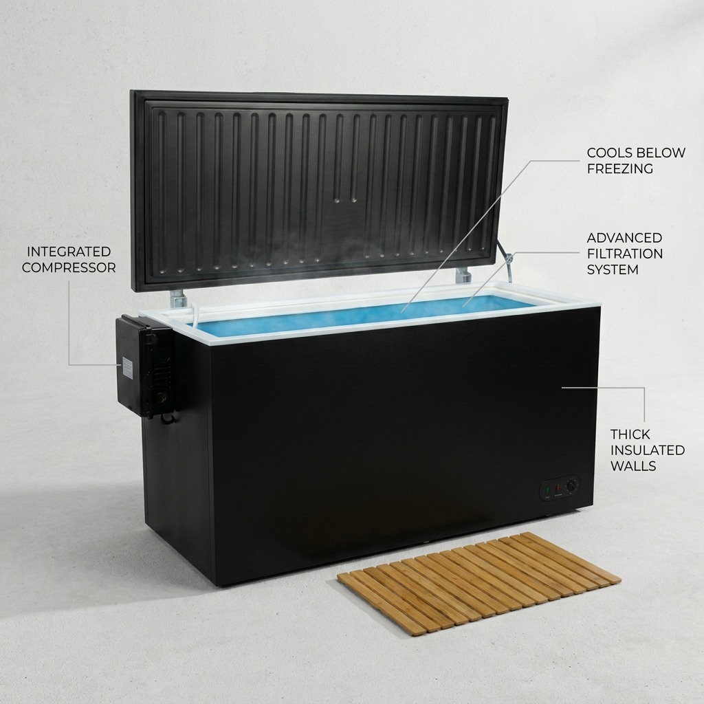 Cold Plunge Tub Built to Cool Below Freezing, Ice-Making Compressor, Ozone Disinfection, Winterized to -20F — infographic