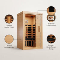 Wood Infrared Sauna, 1 Person Traditional Home Sauna, Canadian Hemlock Indoor Dry Sauna Spa Room for Low EMF with Bluetooth Speakers and Control Panel, 32.67"X 27.55"X 59.44" — infographic