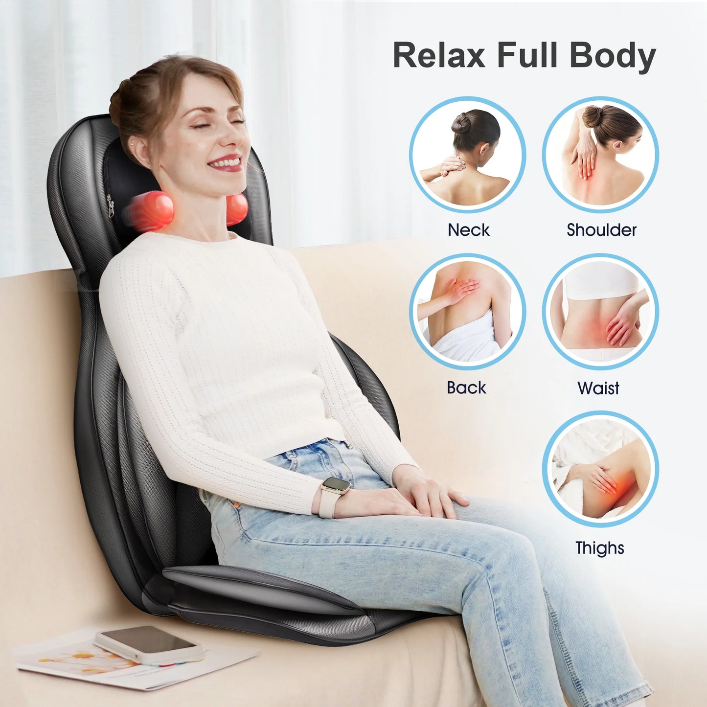 Back Massager with Heat Shiatsu Massage Chair Pad Air Compression Seat Cushion, Black